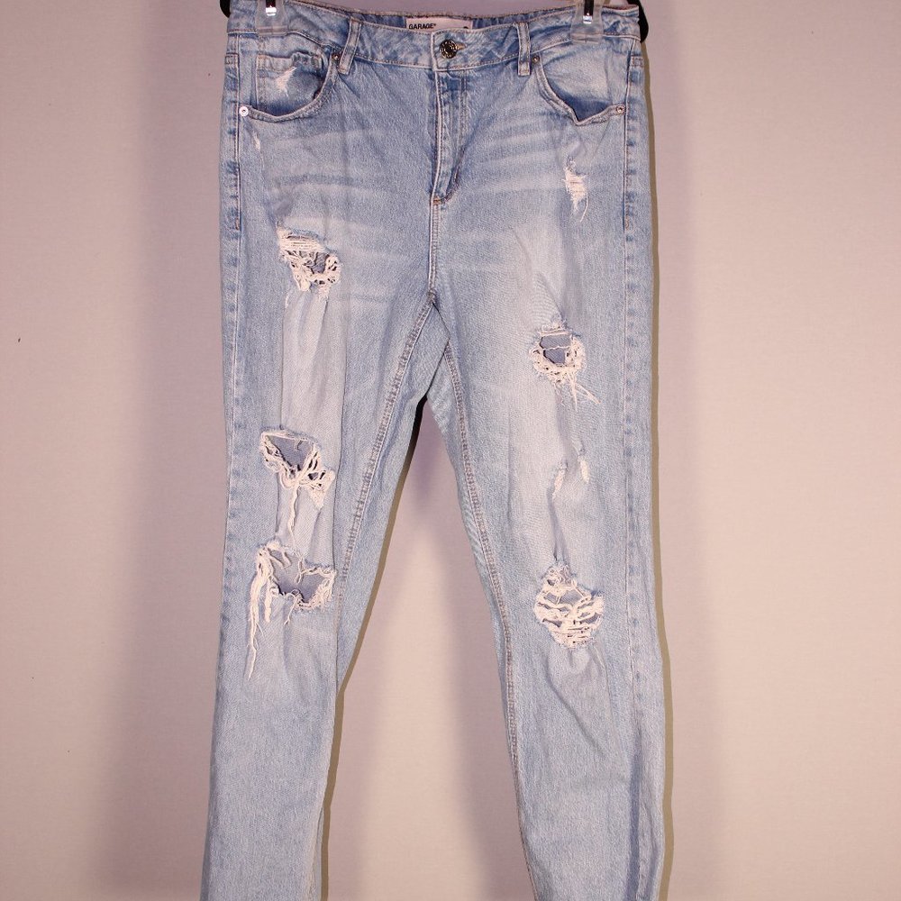 Garage Mid-High Rise Denim Distressed Straight Jean